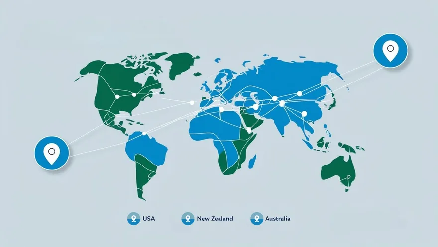 World map marking the USA, New Zealand and Australia