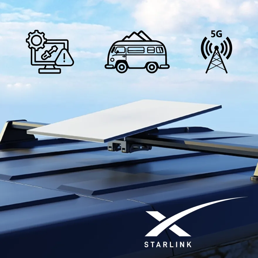 Starlink dish mounted on a vehicle roof, with icons for a workstation, a campervan and a 5G tower