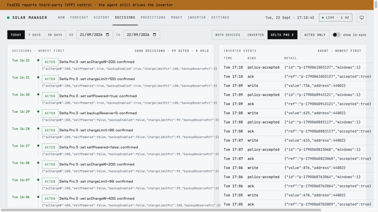 EcoFlow event log showing confirmed charge-limit, reserve and self-powered mode changes